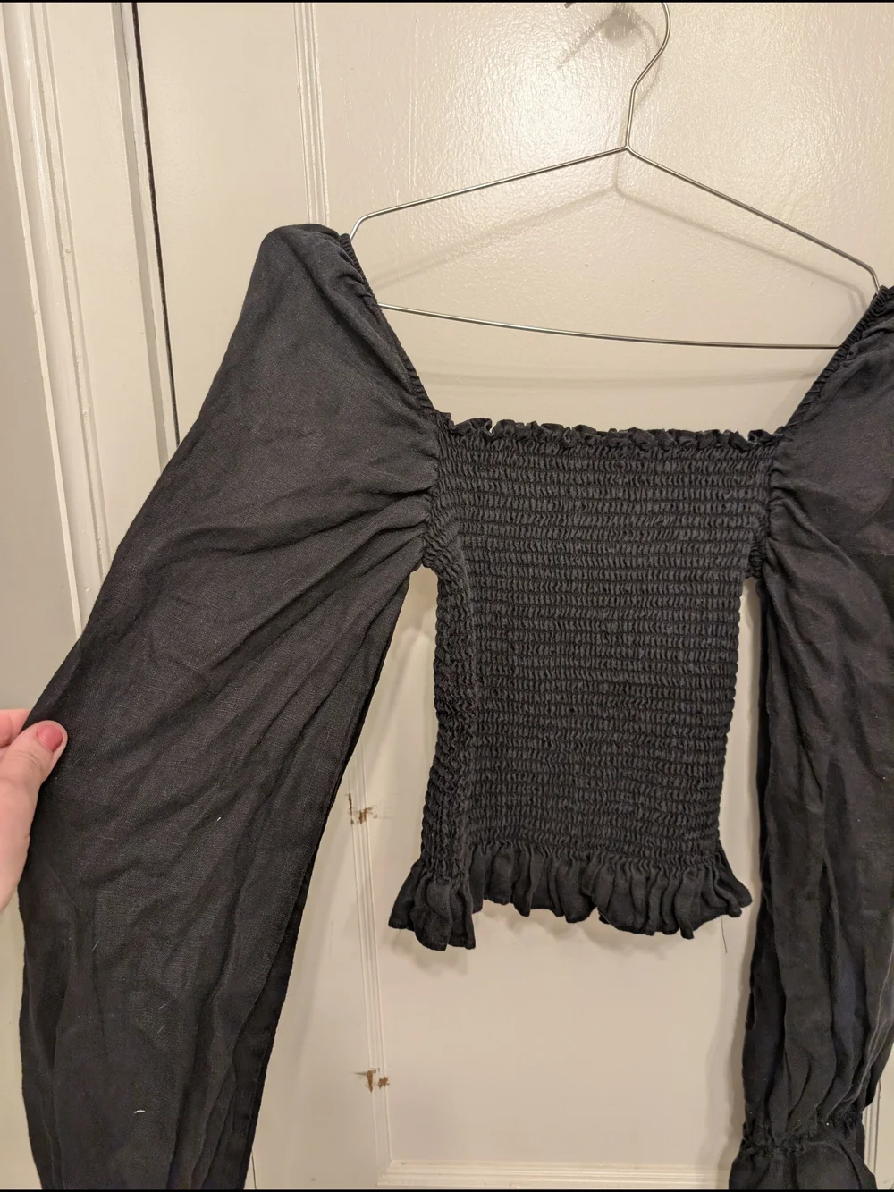 Reformation Tangerine Top In Black Linen Smocked Square-Neck Long-Sleeve Top